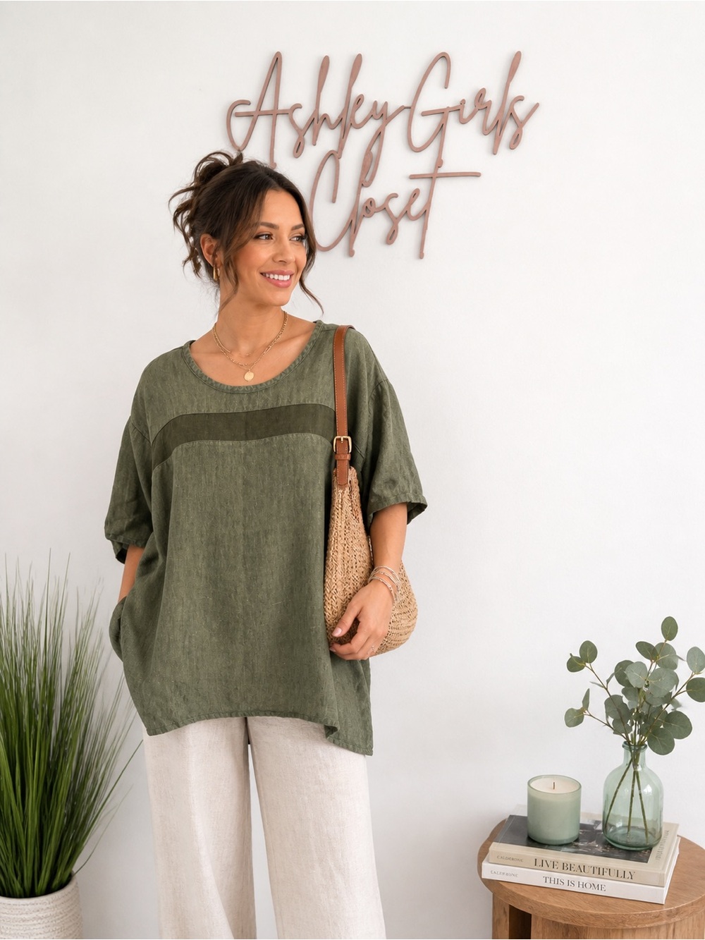 FLAX Jeanne Engelhart Olive Green Linen Tunic Top | Oversized Relaxed Fit
